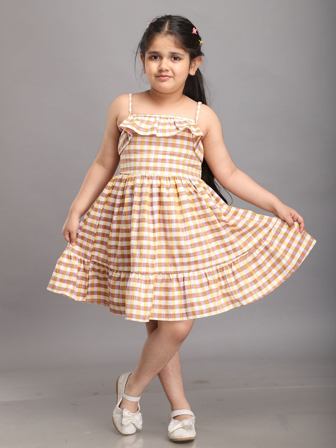 

Biglilpeople Girls Checked Shoulder Straps Fit & Flare Dress, Yellow