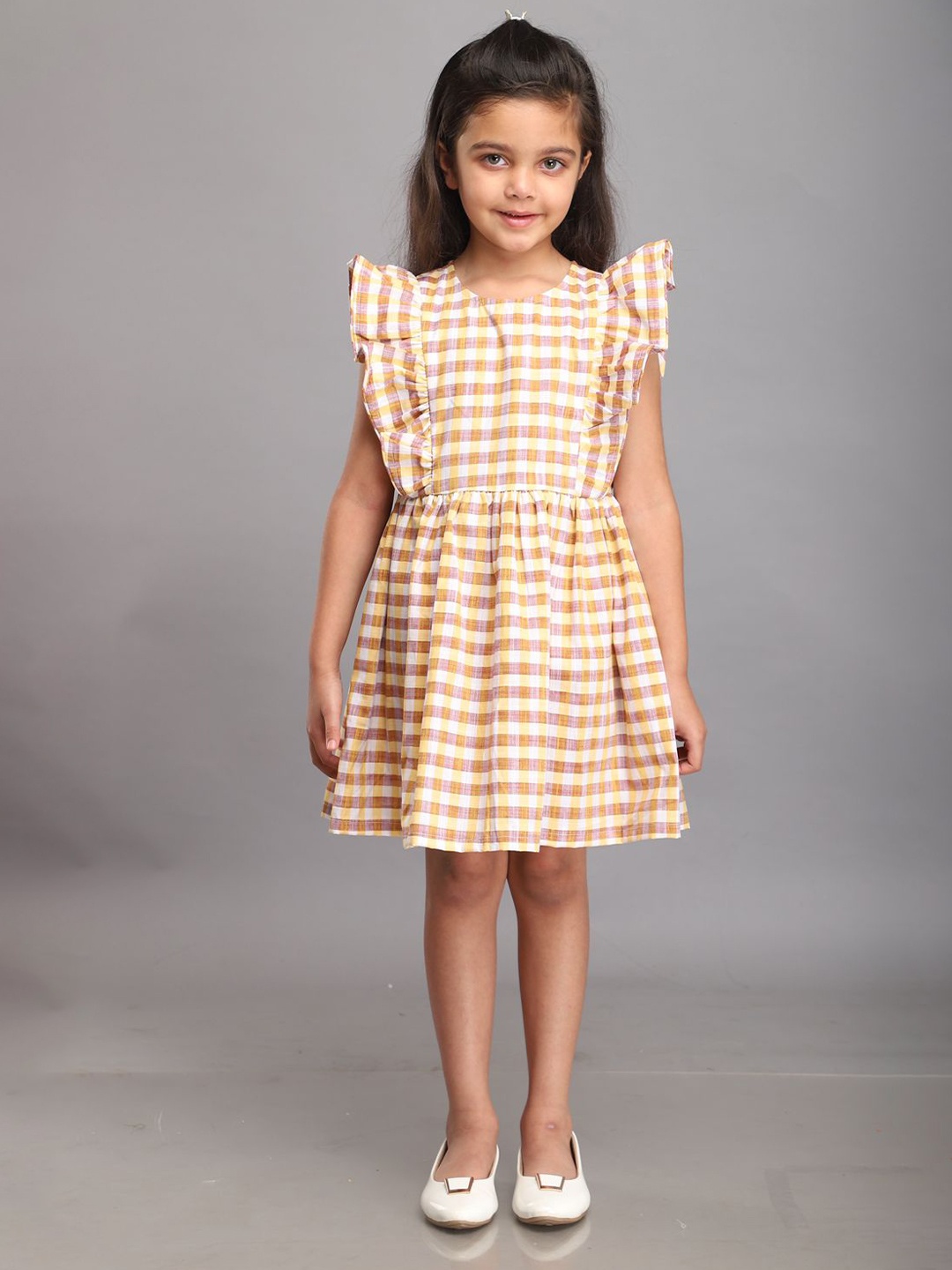 

Biglilpeople Girls Checked Flutter Sleeves Fit & Flare Dress, Yellow