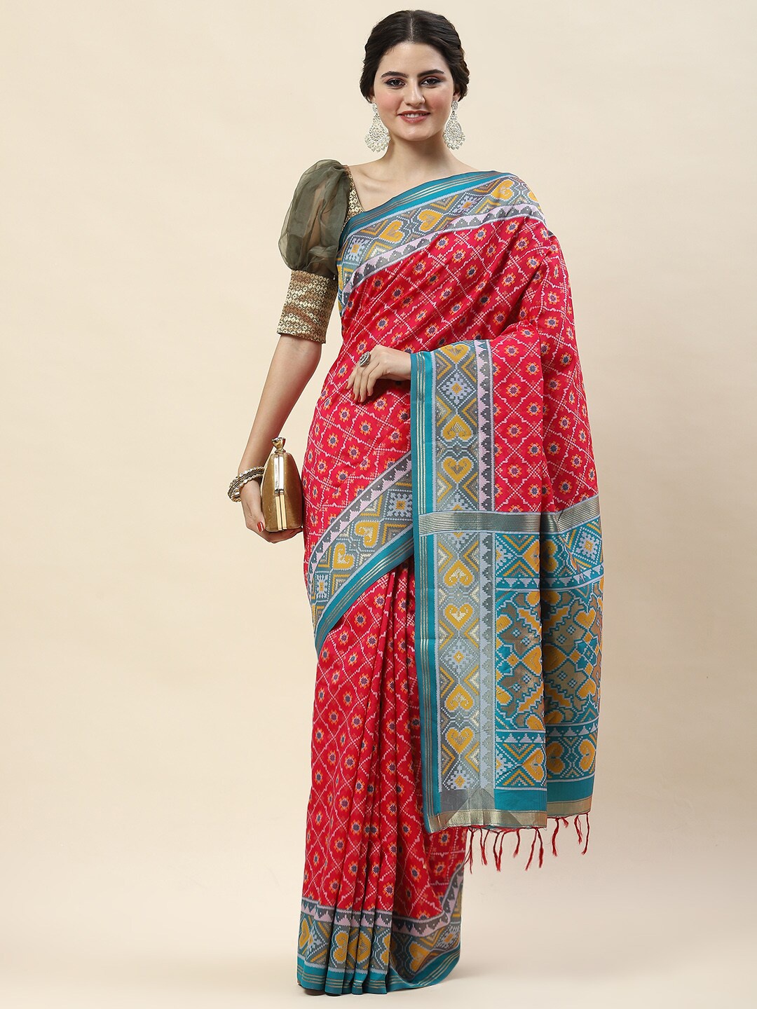 

Meena Bazaar Ethnic Motifs Woven Design Zari Art Silk Saree, Pink