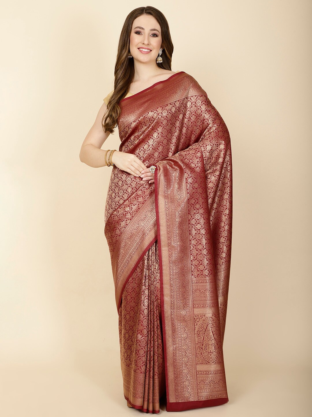 

Meena Bazaar Ethnic Motifs Woven Design Zari Saree, Burgundy