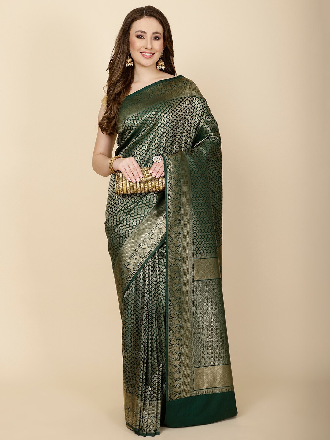 

Meena Bazaar Ethnic Motifs Woven Design Zari Art Silk Saree, Green