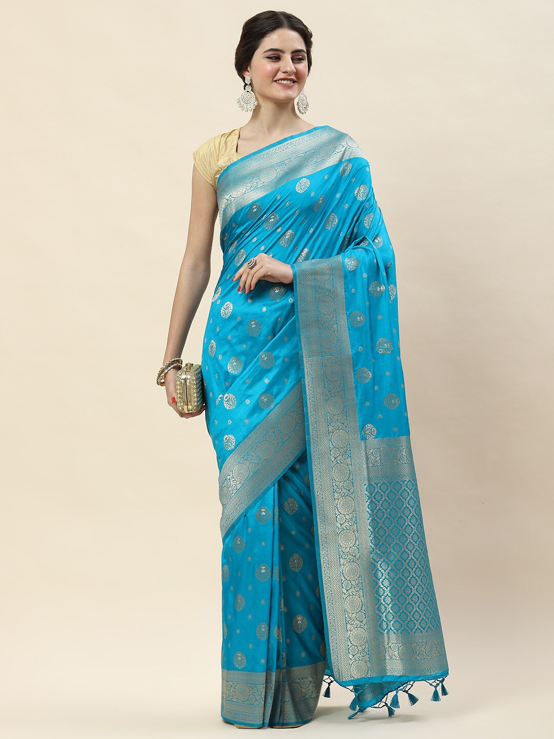 

Meena Bazaar Ethnic Motifs Woven Design Zari Art Silk Saree, Blue