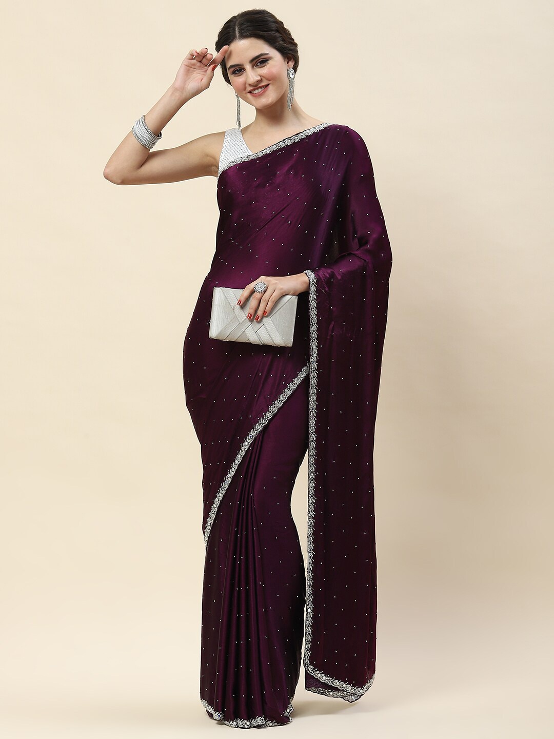 

Meena Bazaar Striped Embellished Mirror Work Saree, Burgundy