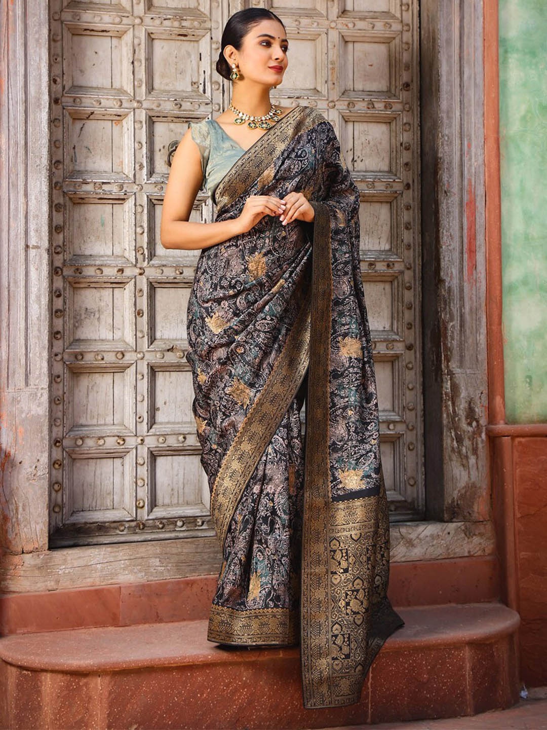 

Meena Bazaar Ethnic Motifs Printed Art Silk Saree, Black