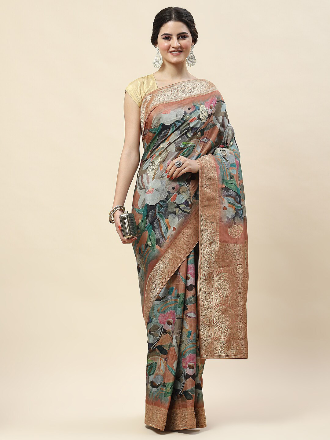 

Meena Bazaar Floral Zari Art Silk Saree, Green