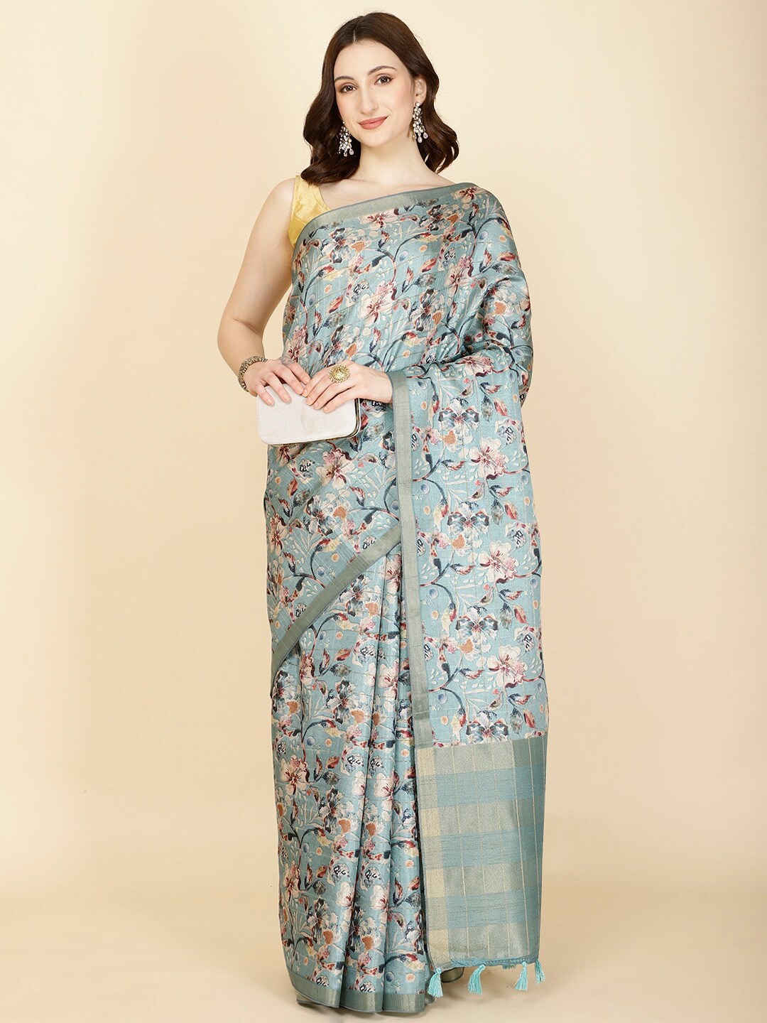 

Meena Bazaar Floral Printed Cotton Saree, Sea green