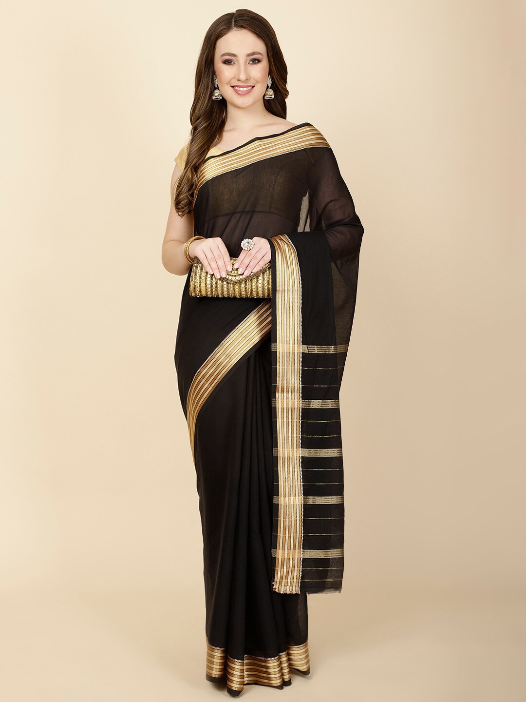 

Meena Bazaar Zari Woven Design Border Saree, Black