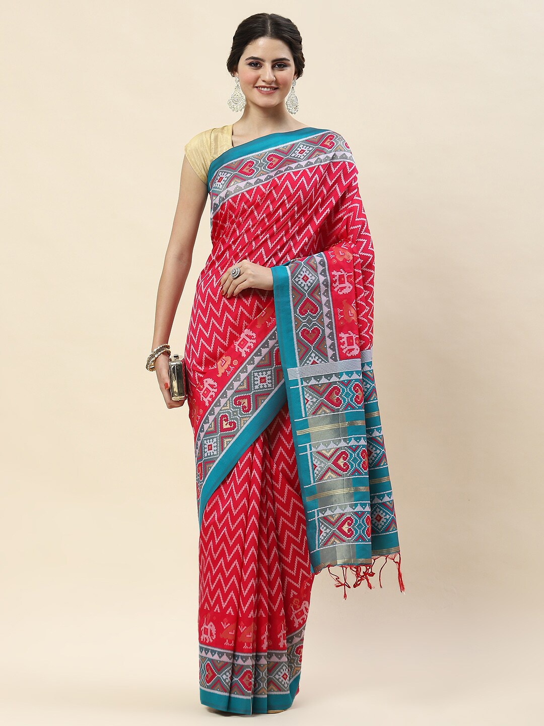 

Meena Bazaar Ethnic Motifs Zari Art Silk Saree, Pink