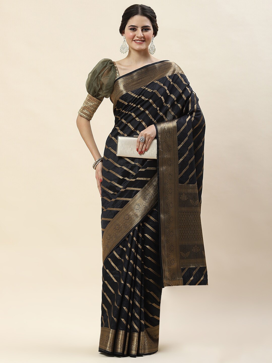 

Meena Bazaar Striped Woven Design Zari Art Silk Saree, Black