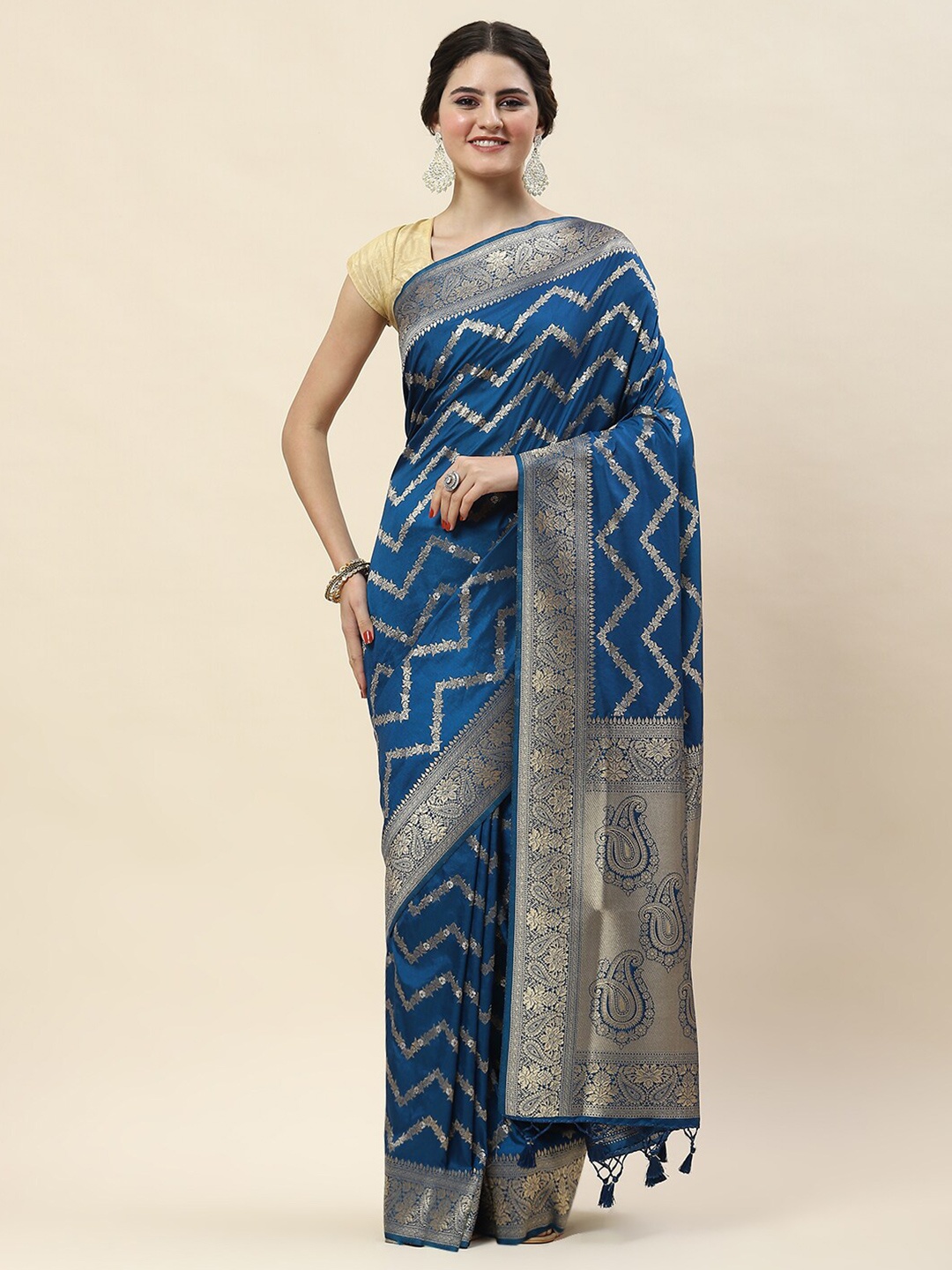 

Meena Bazaar Striped Woven Design Zari Art Silk Saree, Blue