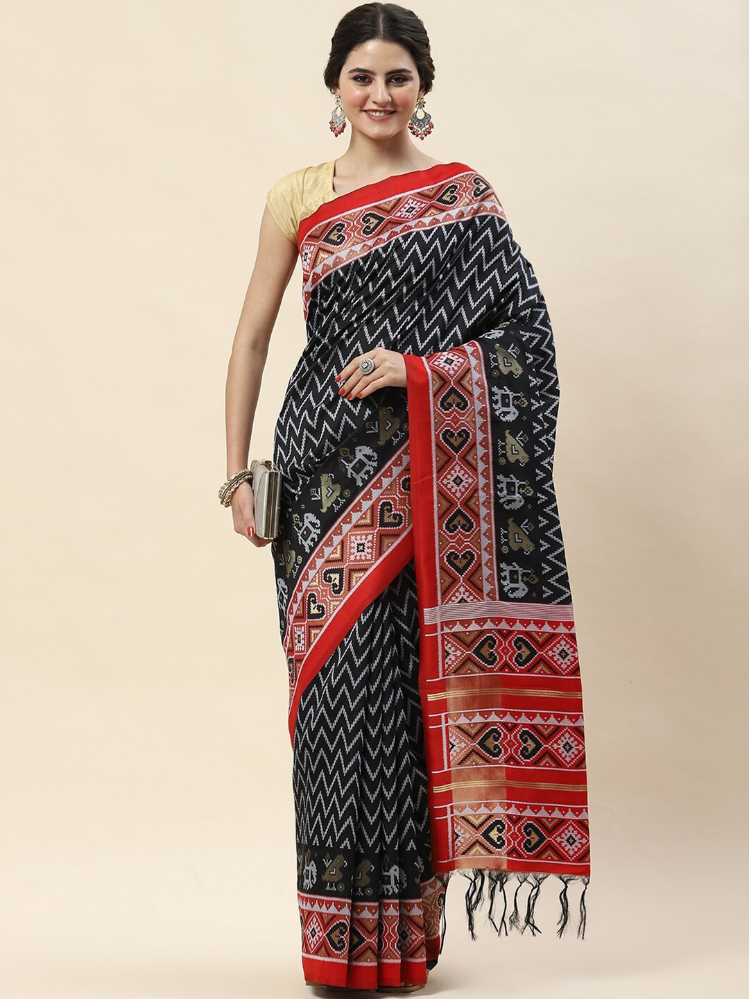 

Meena Bazaar Geometric Woven Design Zari Art Silk Saree, Black