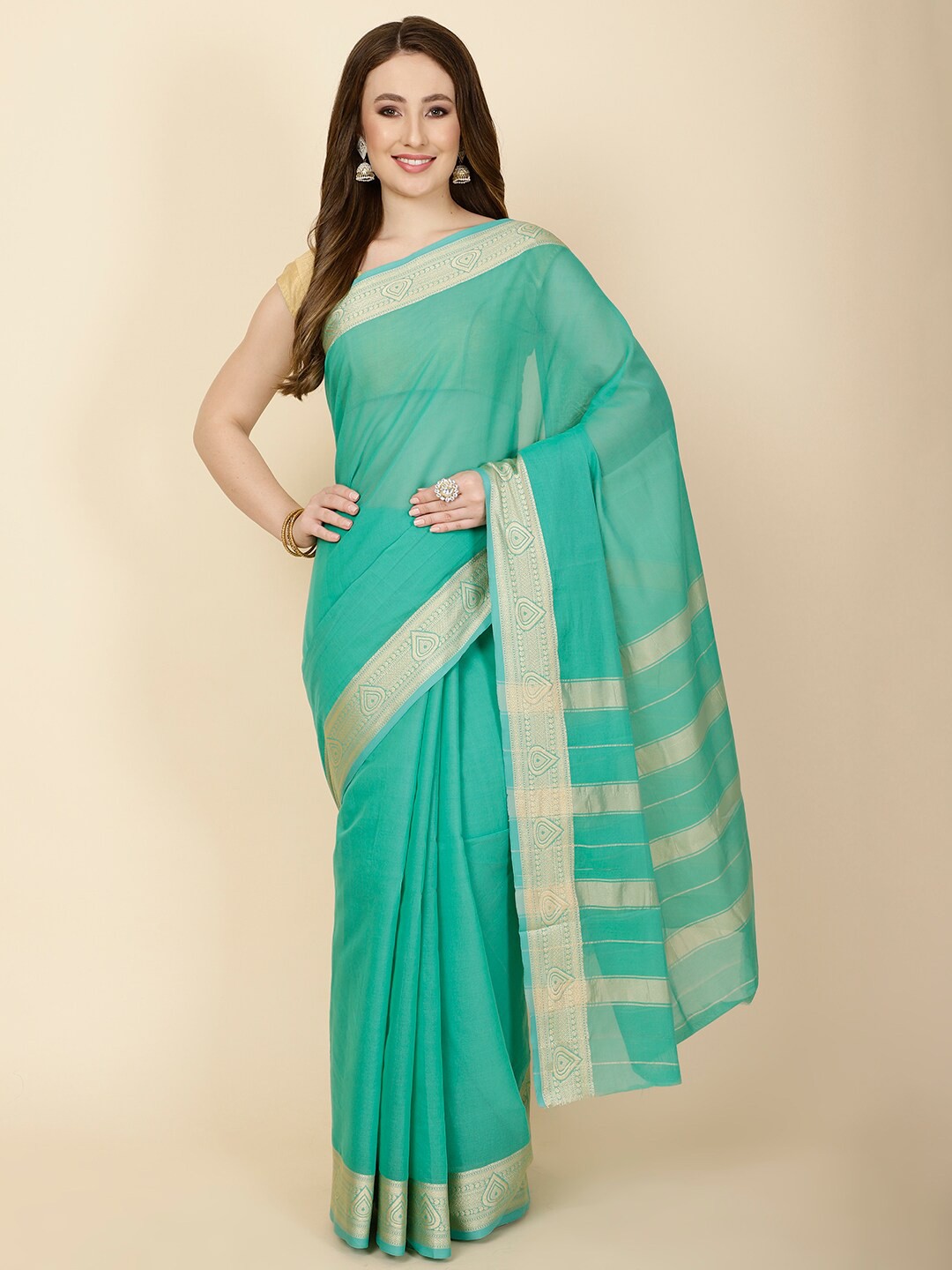 

Meena Bazaar Zari Woven Design Border Saree, Sea green