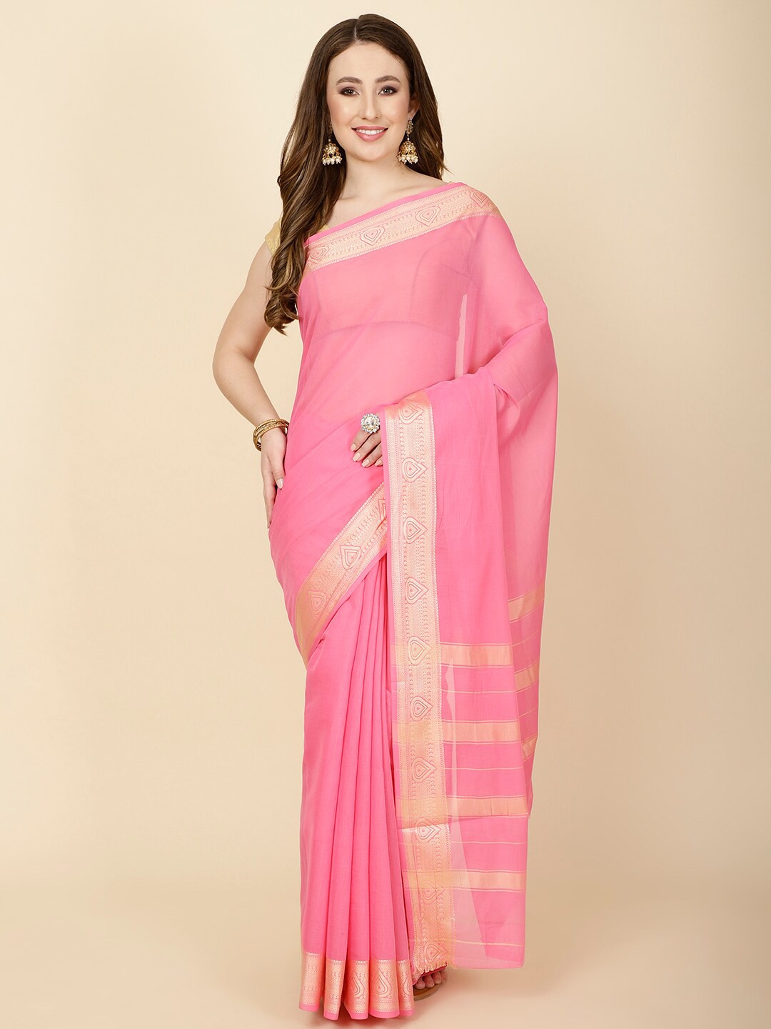 

Meena Bazaar Zari Woven Design Border Saree, Pink