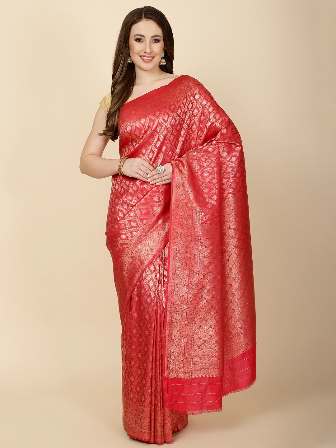 

Meena Bazaar Ethnic Motifs Woven Design Zari Saree, Pink