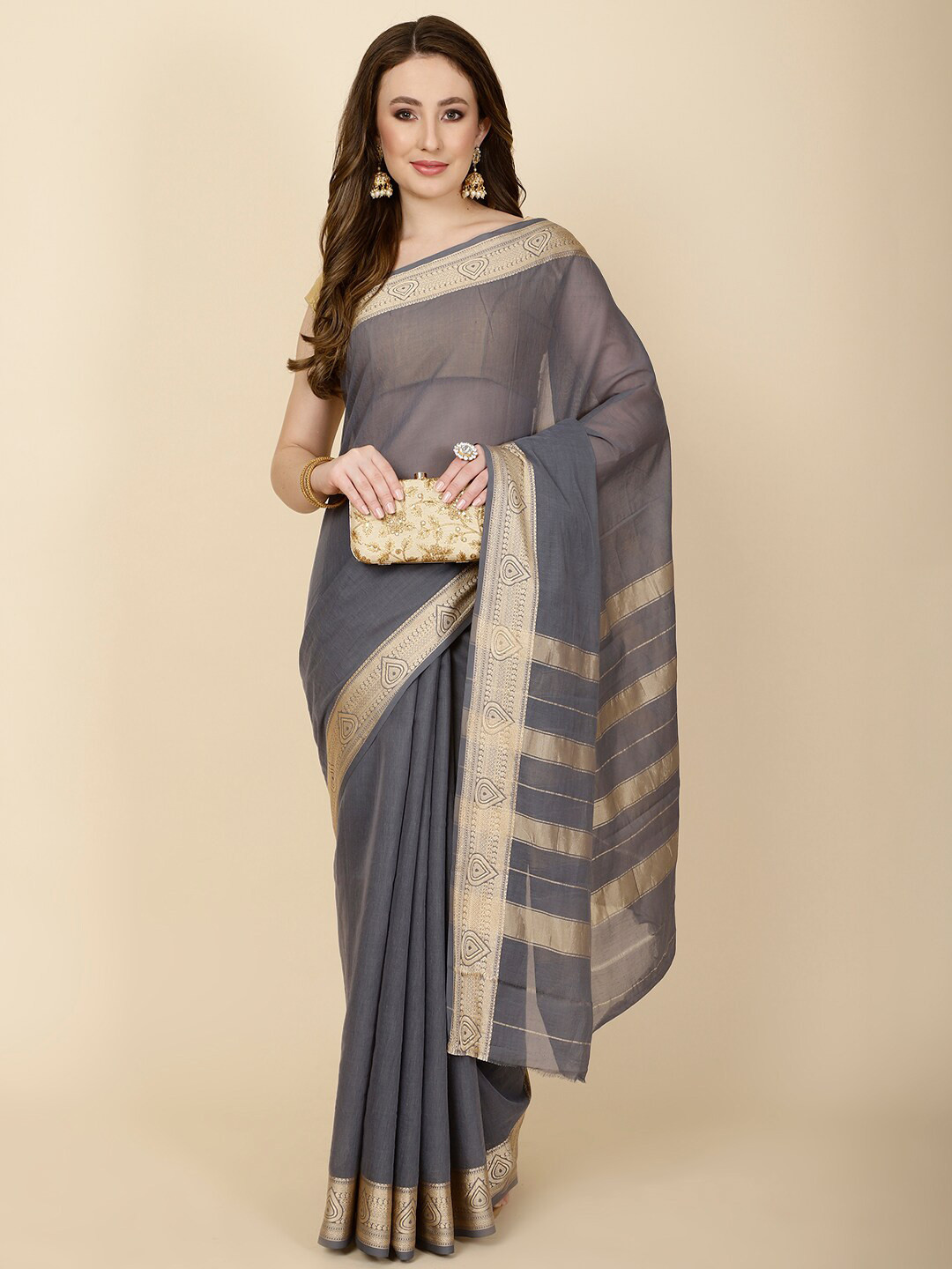 

Meena Bazaar Woven Design Border Saree, Grey