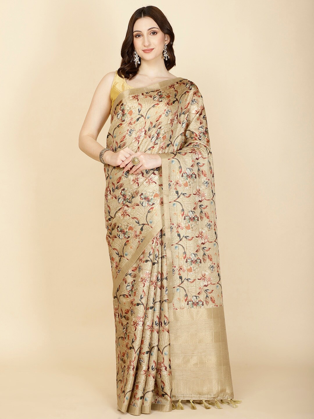 

Meena Bazaar Floral Printed Zari Saree, Beige