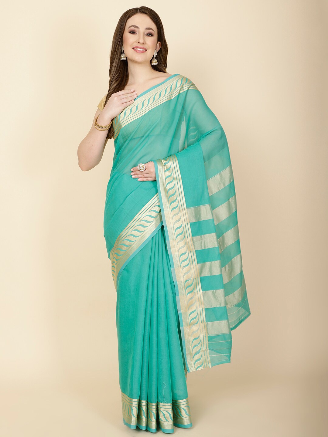 

Meena Bazaar Zari Cotton Saree, Sea green
