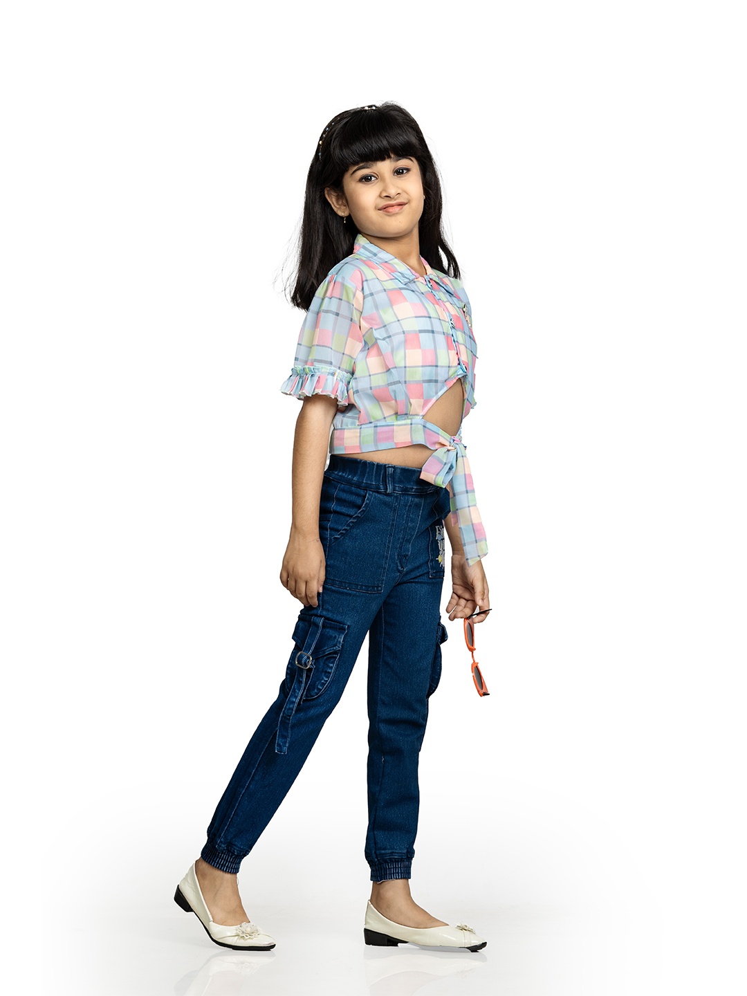 

BURBN Girls Checked Shirt Collar Short Sleeves Shirt With Trousers, Pink