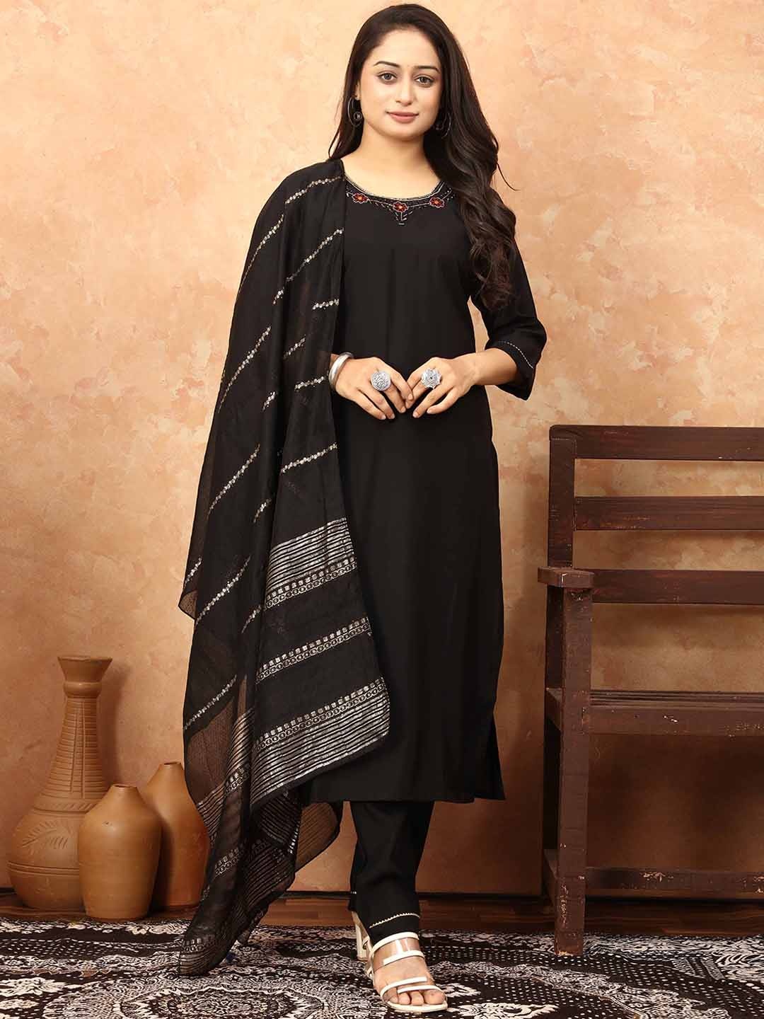 

TWINS LADY Thread Work Straight Kurta With Trousers & Dupatta, Black