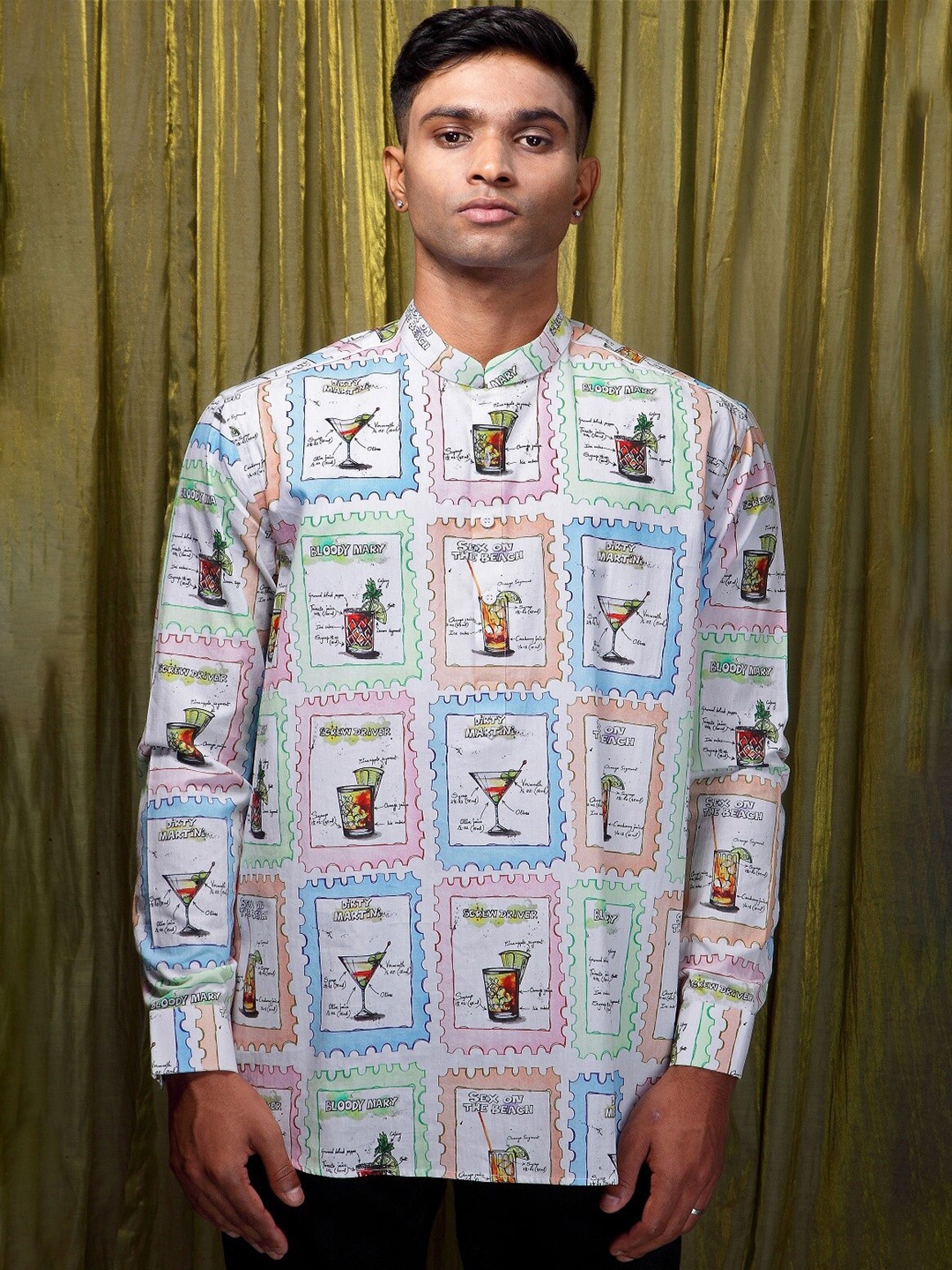 

Felix Bendish Comfort Abstract Printed Mandarin Collar Casual Shirt, White
