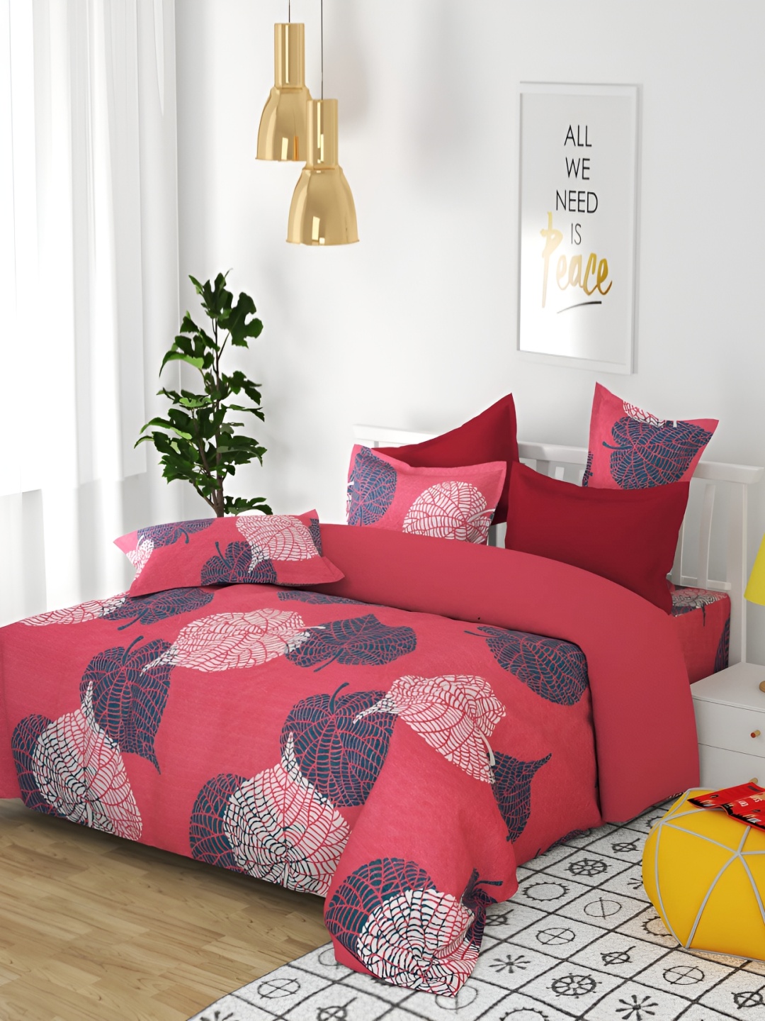 

PHOEBEE Pink & Grey Floral Printed 120 TC Queen Bedsheet with 2 Pillow Covers