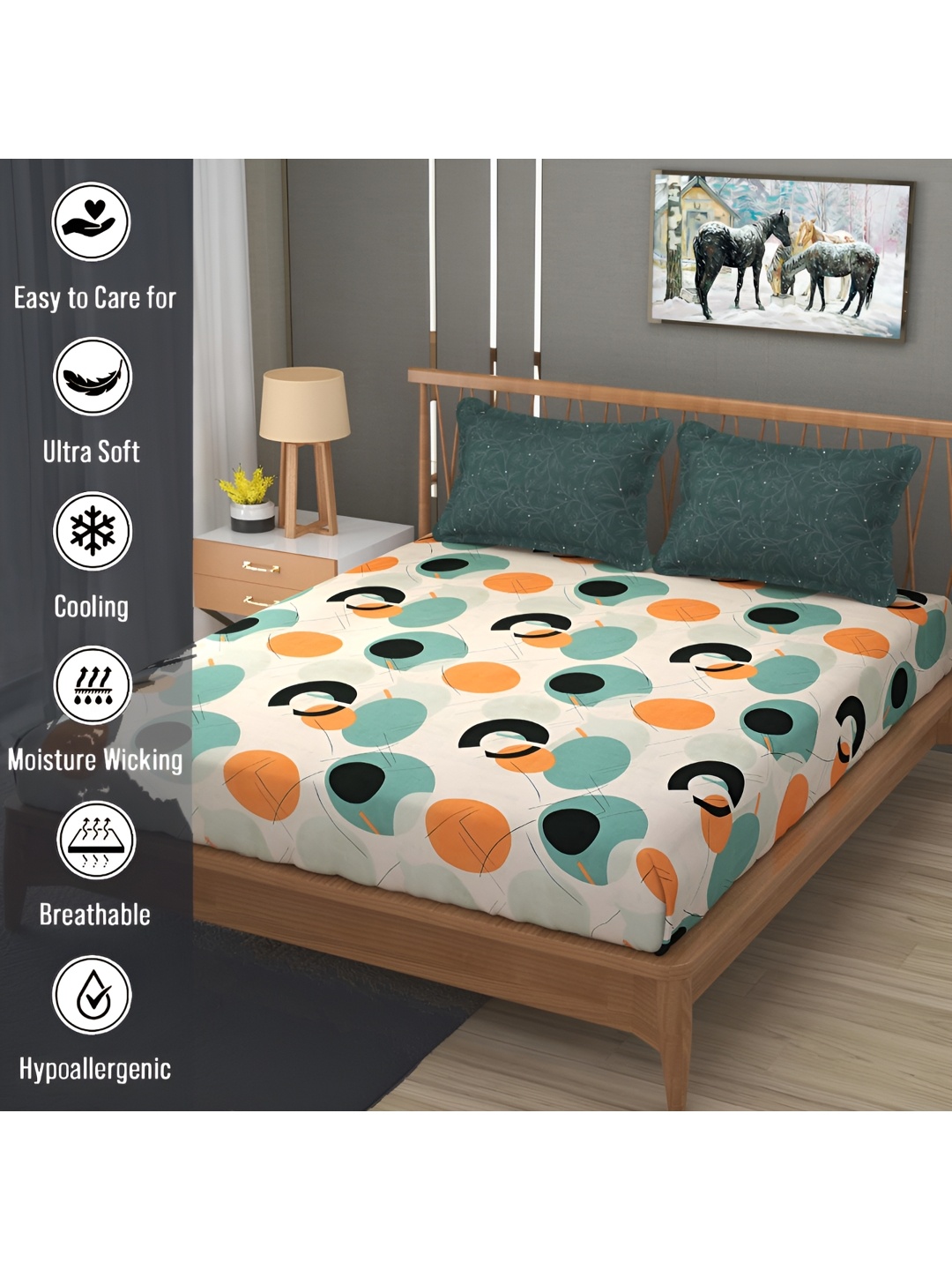 

PHOEBEE White & Orange Geometric Printed 120 TC Queen Bedsheet with 2 Pillow Covers