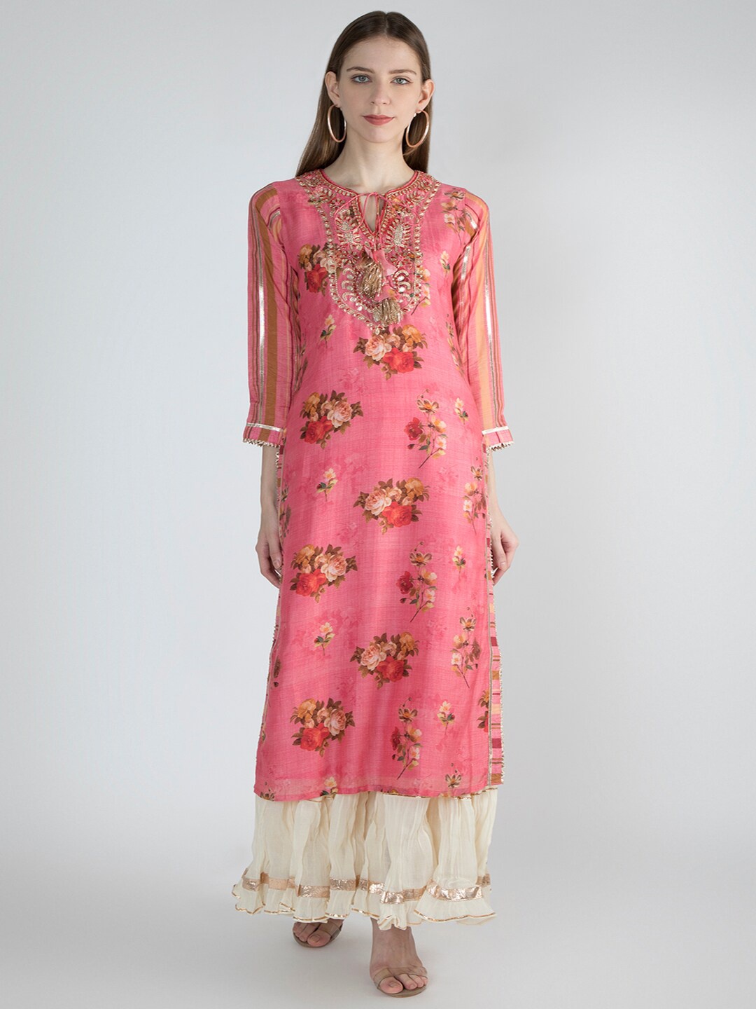 

GOPI VAID Floral Printed Thread Work Cotton Straight Kurta, Pink