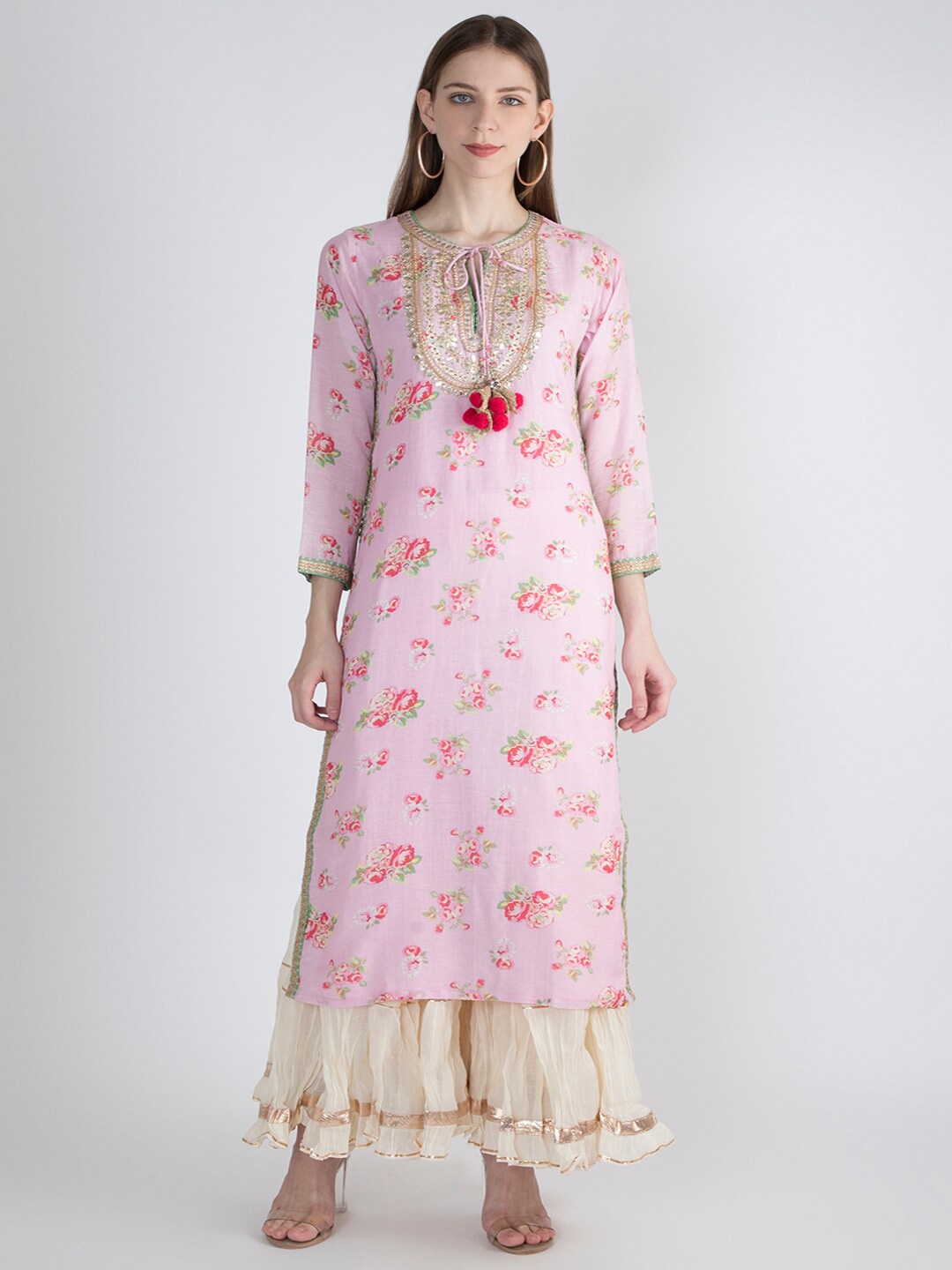 

GOPI VAID Floral Printed Pure Cotton Thread Work Straight Kurta, Pink