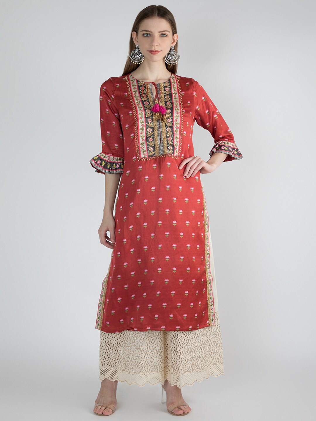 

GOPI VAID Floral Printed Bell Sleeves Thread Work Cotton Straight Kurta, Red