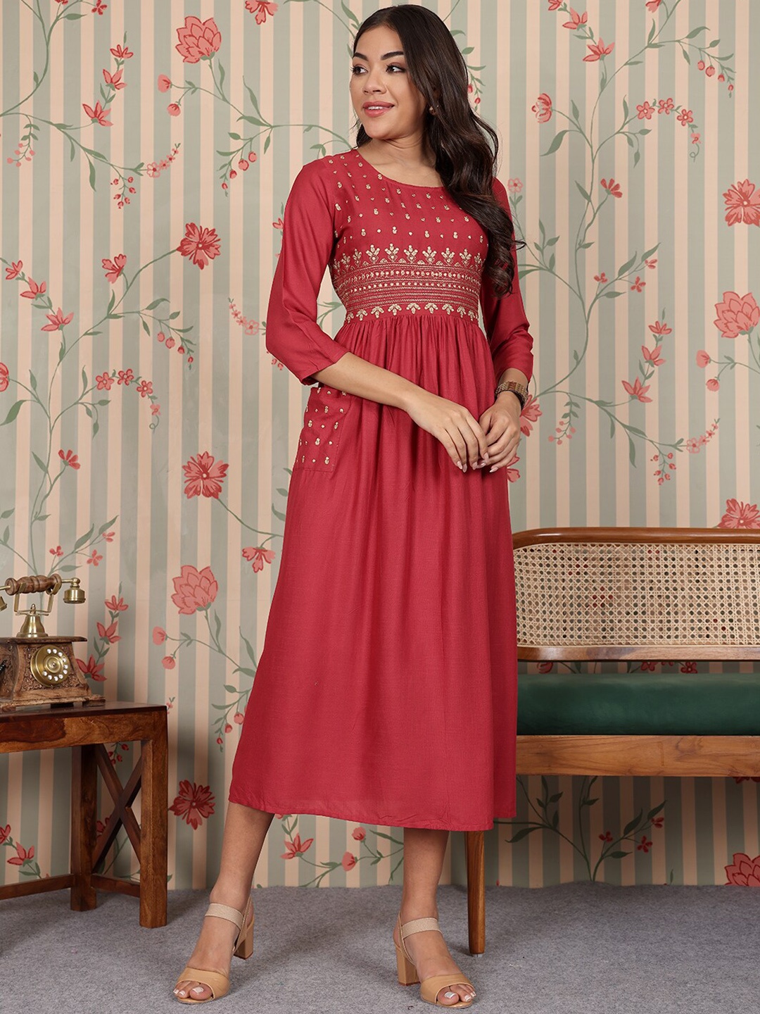 

Ode by House of Pataudi Ethnic Motifs Embroidered Fit and Flare Midi Ethnic Dresses, Maroon