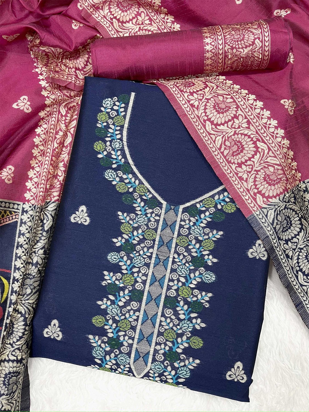 

KALINI Ethnic Motifs Raw Silk Unstitched Dress Material, Blue
