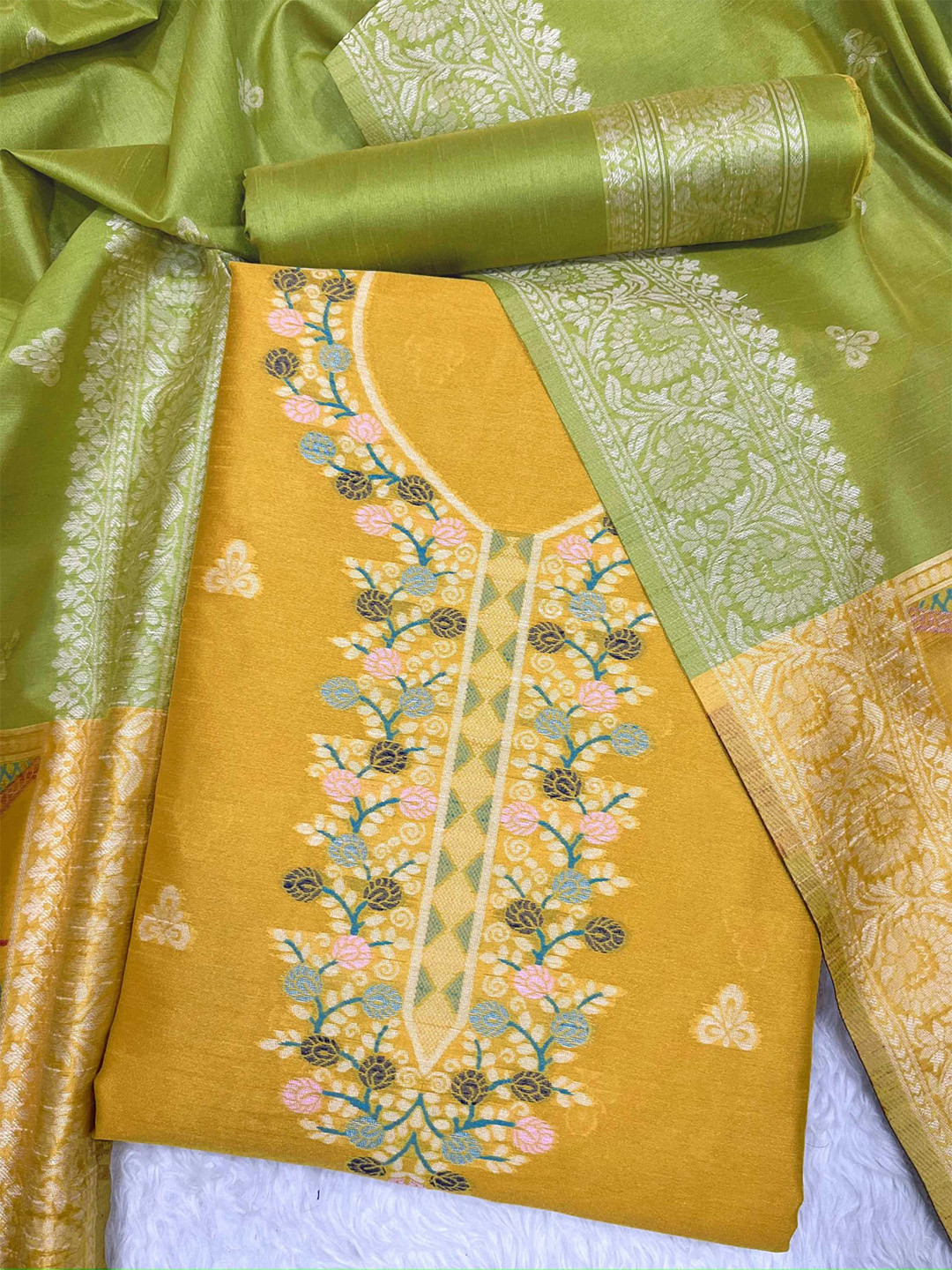 

KALINI Ethnic Motifs Woven Design Raw Silk Unstitched Dress Material, Yellow
