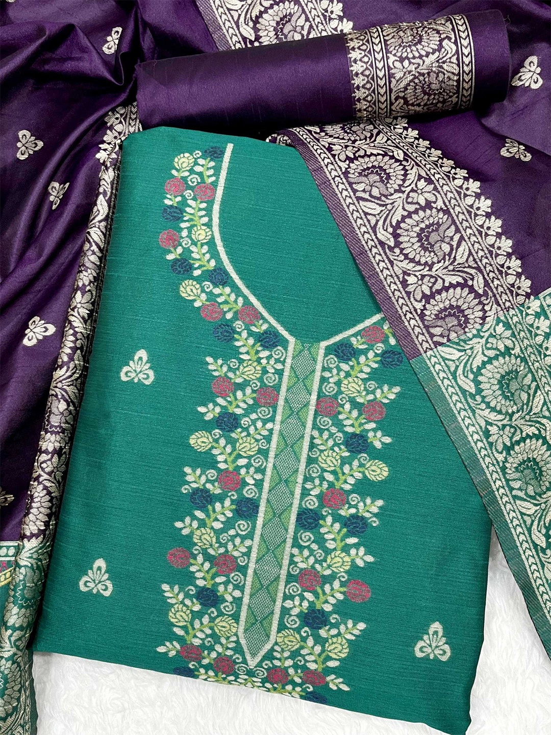 

KALINI Ethnic Motifs Woven Design Raw Silk Unstitched Dress Material, Teal