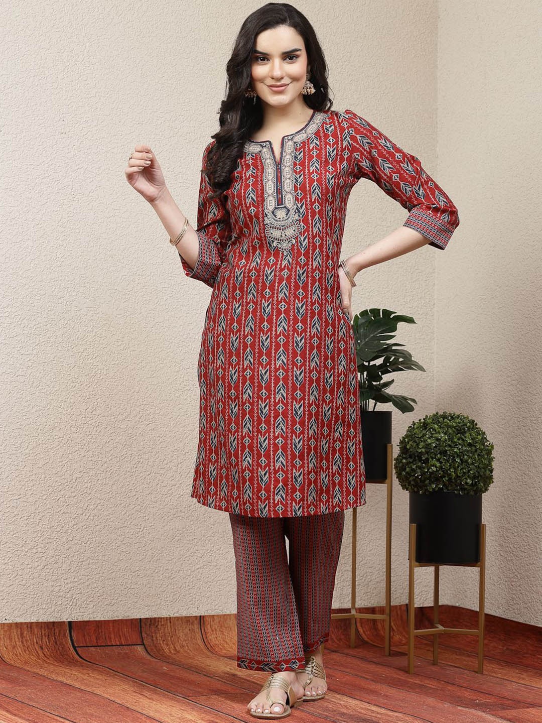 

Nayam By Lakshita Floral Printed Regular Kurta with Palazzos, Red