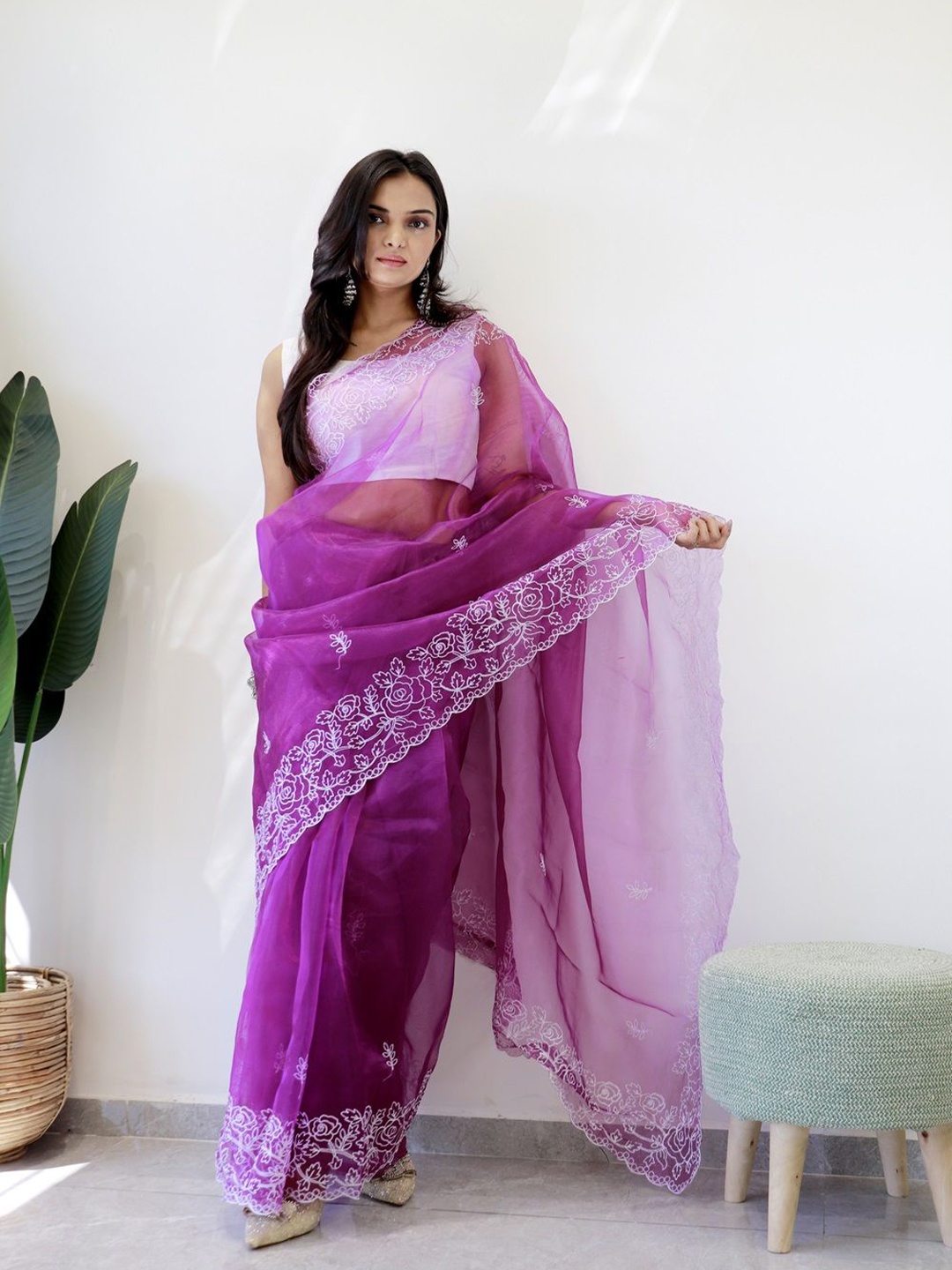 

Anouk Burgundy Floral Printed Embroidered Organza Saree