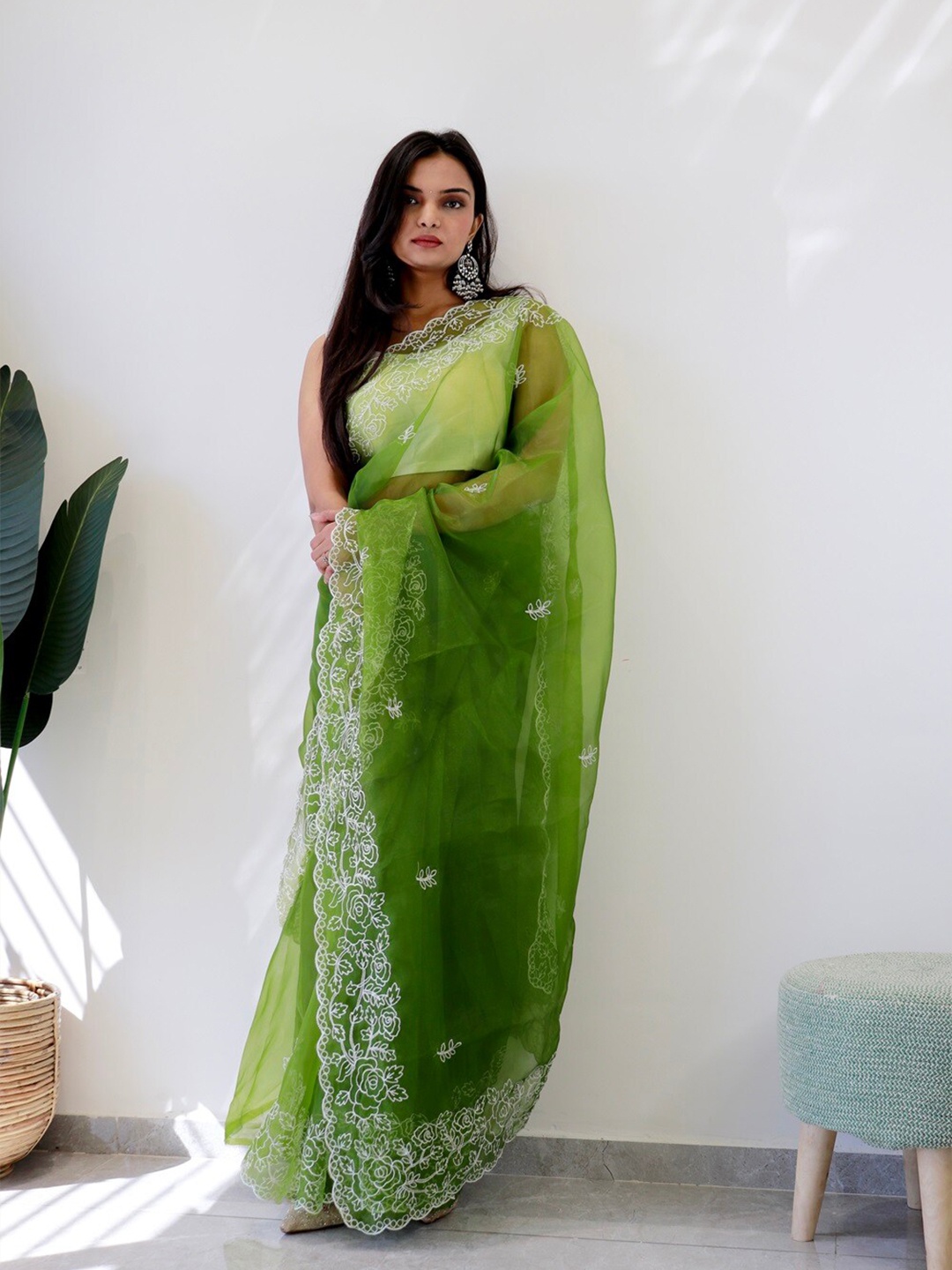 

Anouk Green & White Floral Embroidered Organza Saree