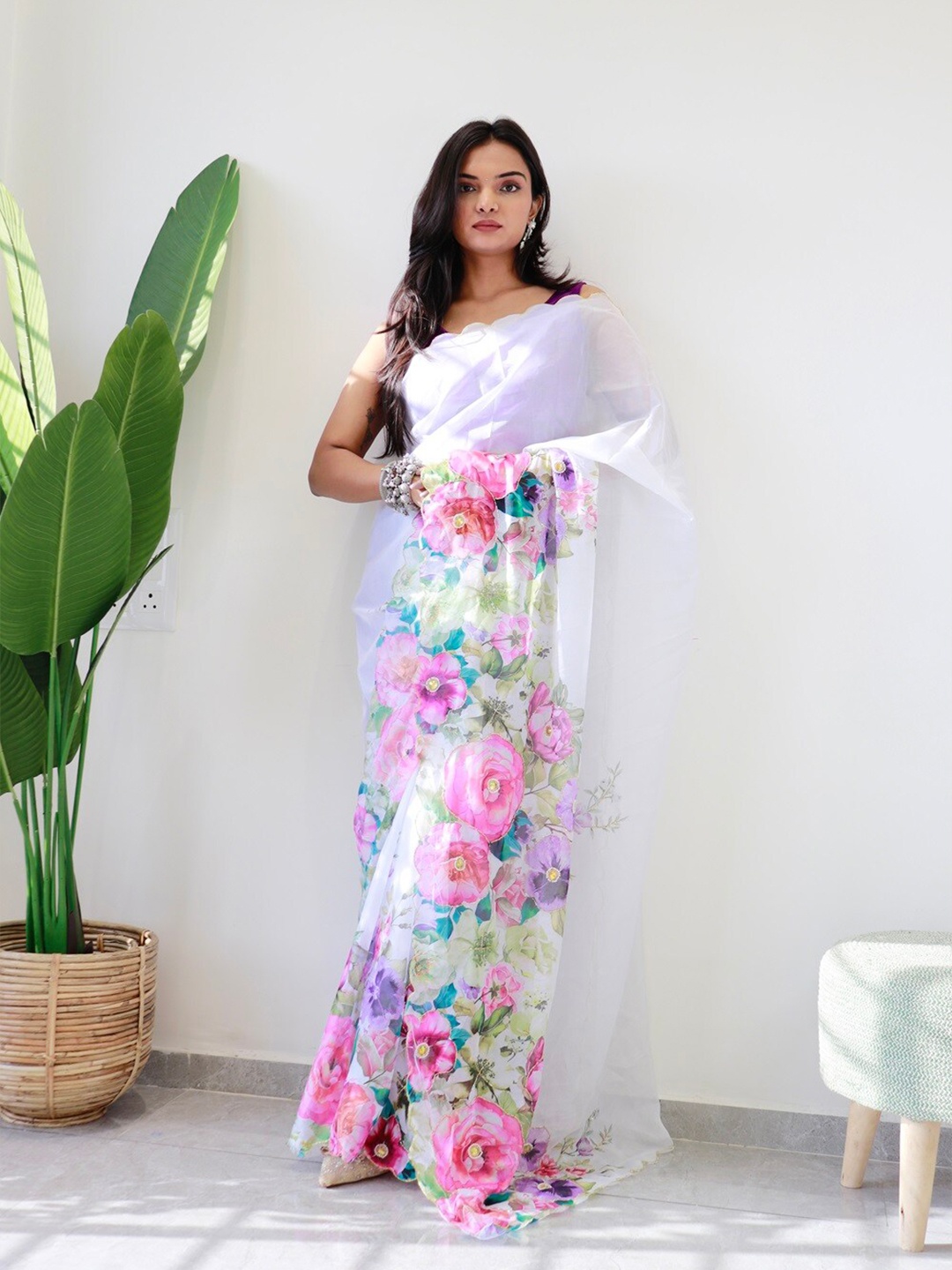 

Anouk White & Pink Printed Floral Organza Saree