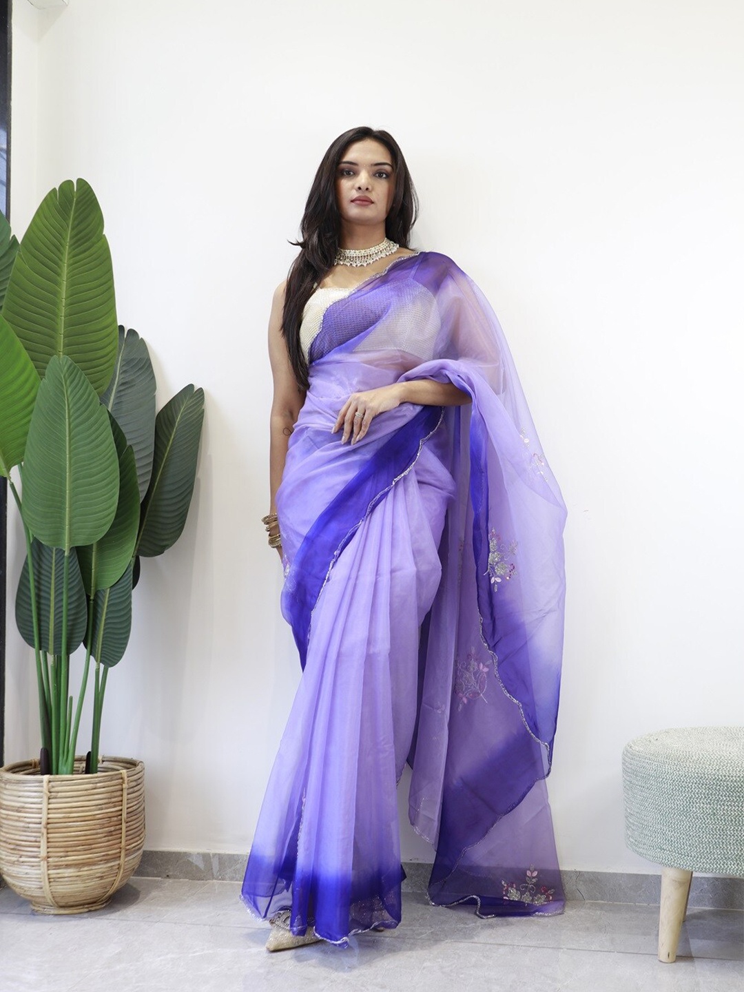 

Anouk Lavender Floral Embellished Organza Saree