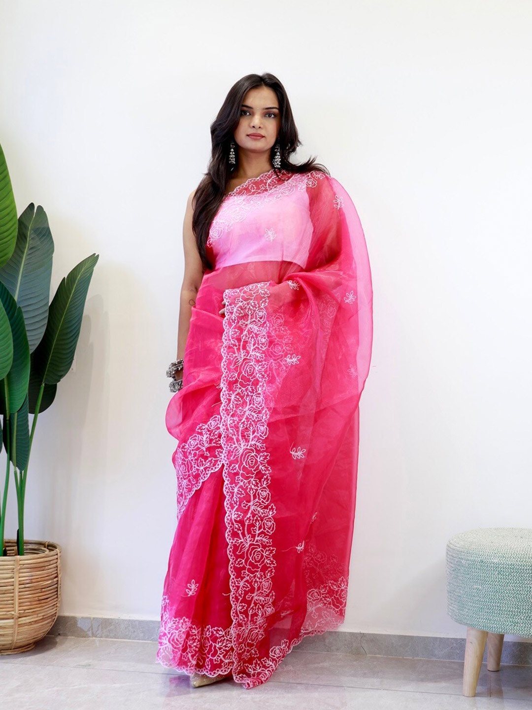 

Anouk Pink& White Floral Embroidered Organza Saree