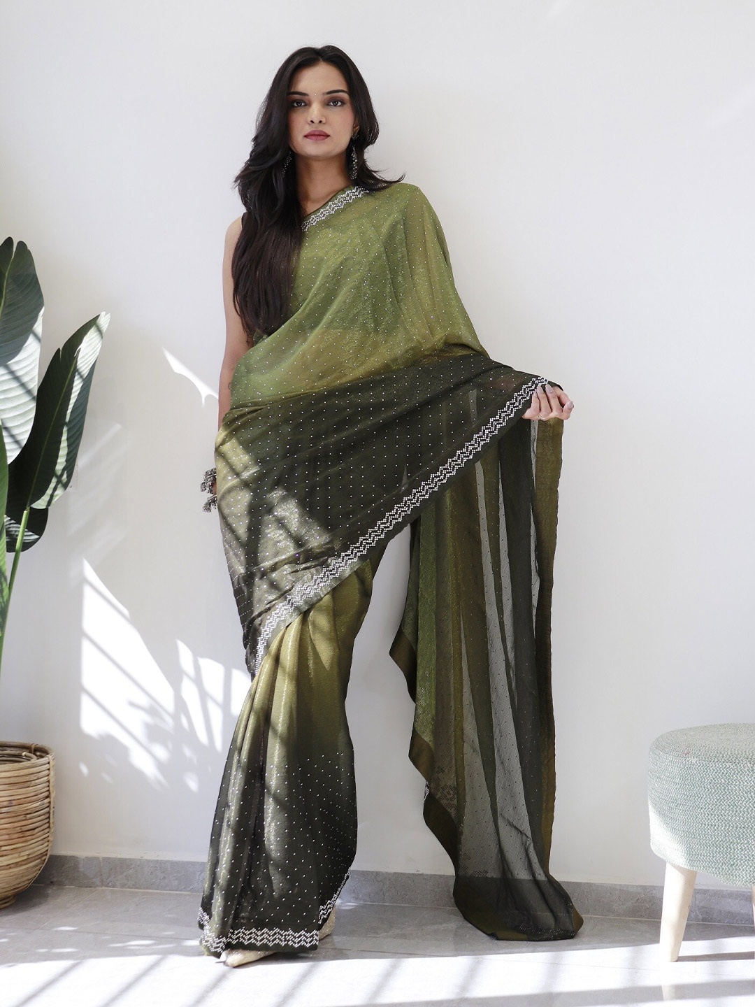 

Anouk Green Embellished Ombre Poly Georgette Saree