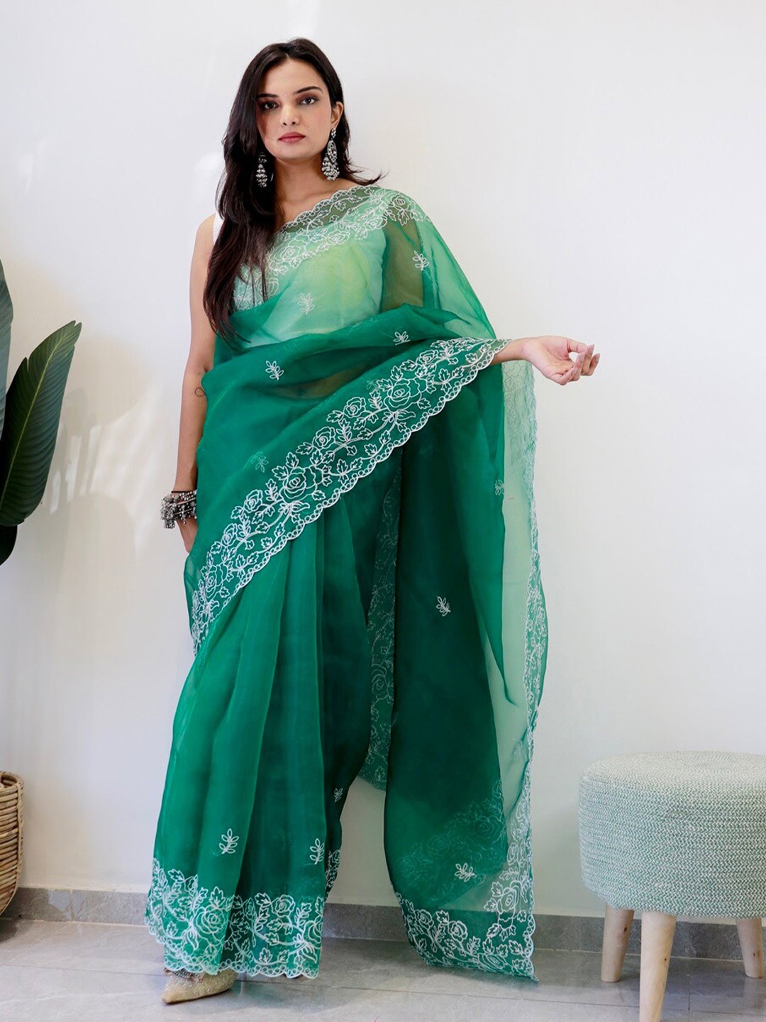 Anouk Green Floral Printed Embroidered Organza Saree