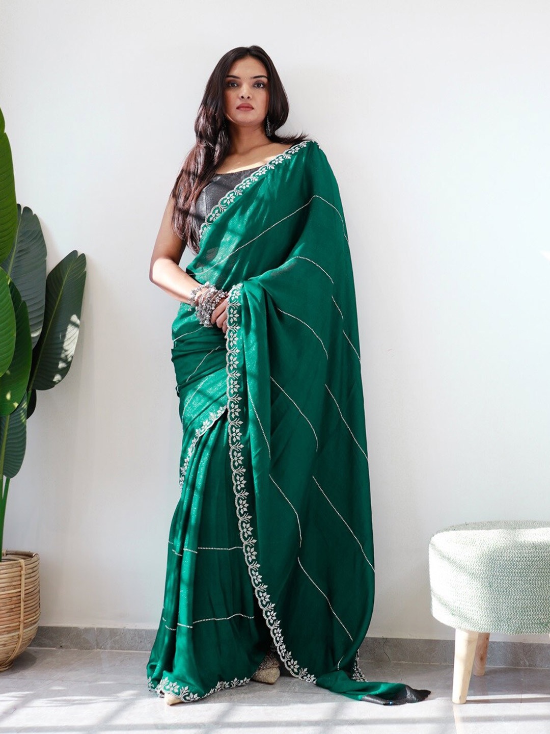 

Anouk Green Striped Beads and Stones Saree
