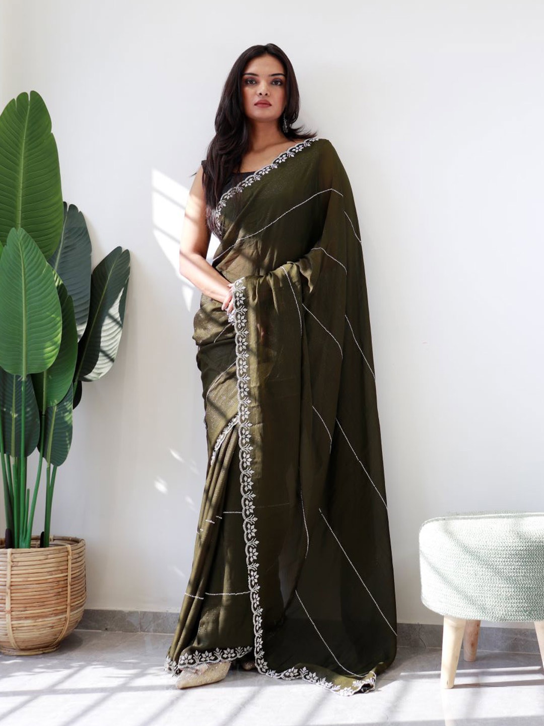 

Anouk Green Striped Stones & Beads Saree