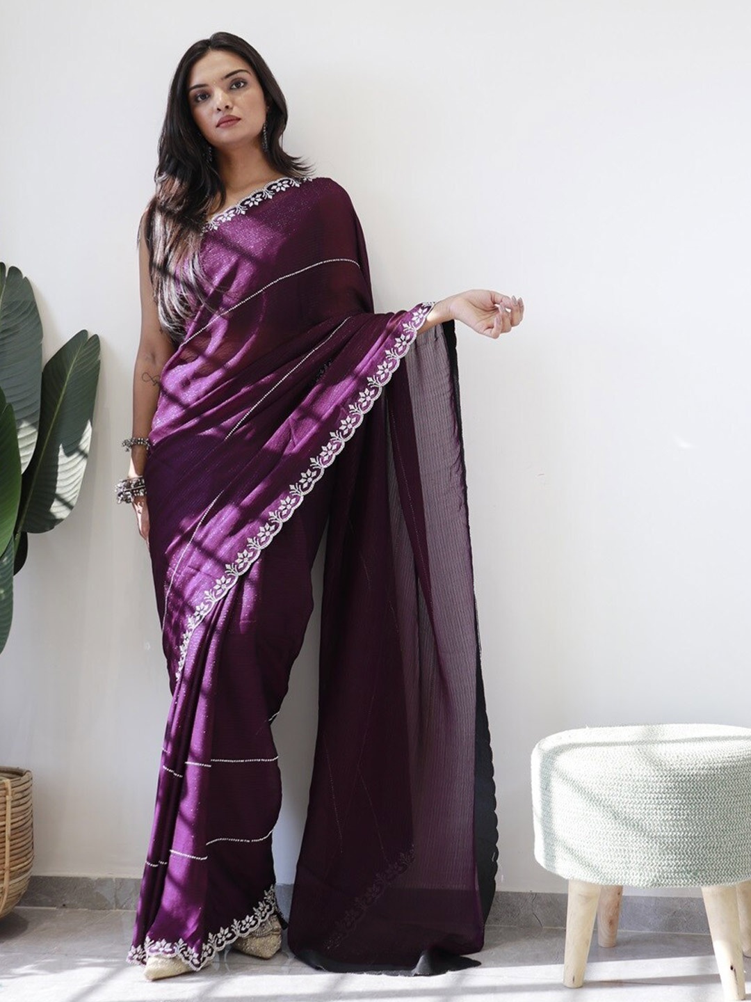 

Anouk Striped Poly Georgette Saree, Purple