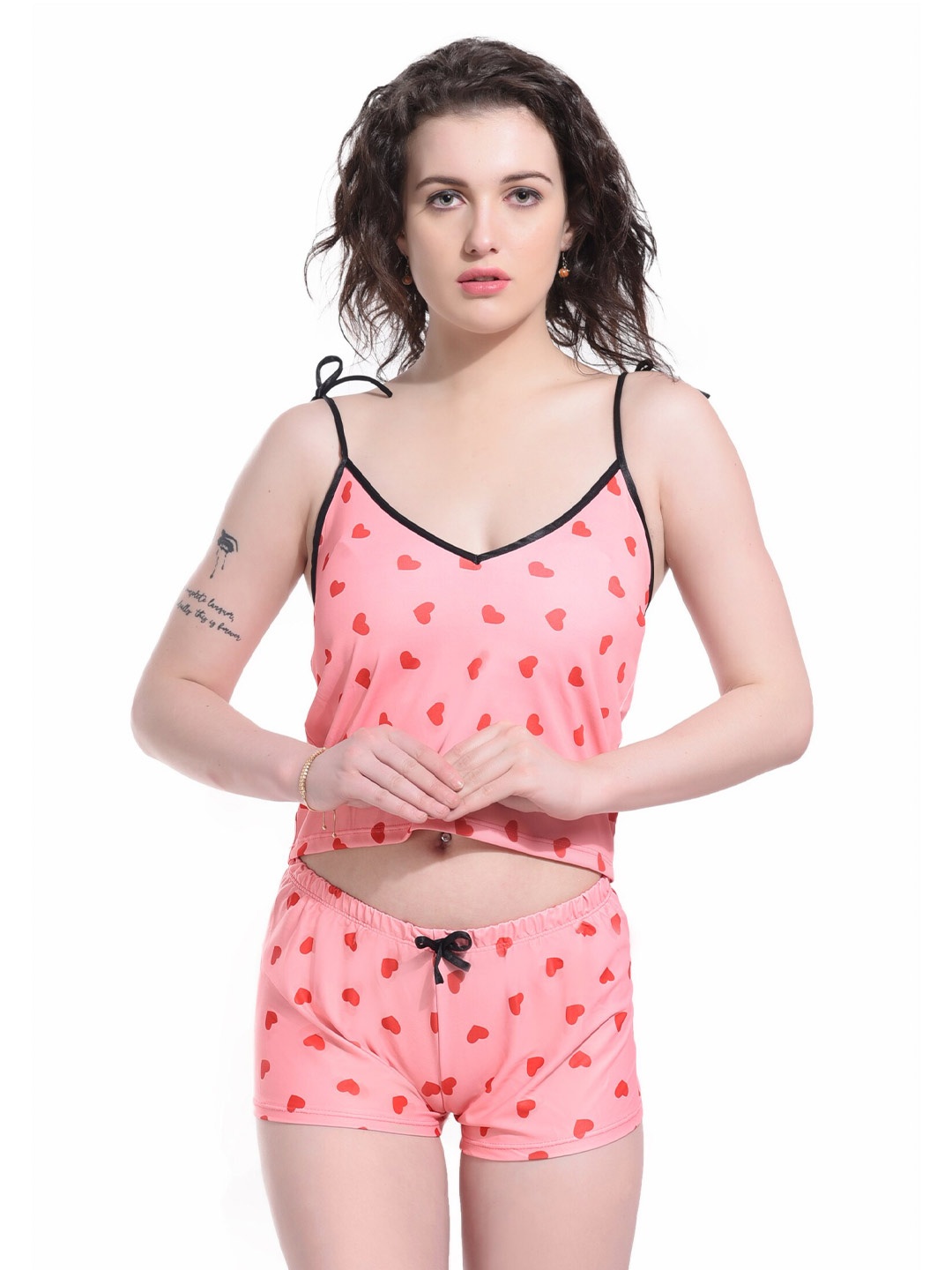 

SGC SWEDEN Printed Shoulder Straps Silk & Satin Baby Doll, Pink