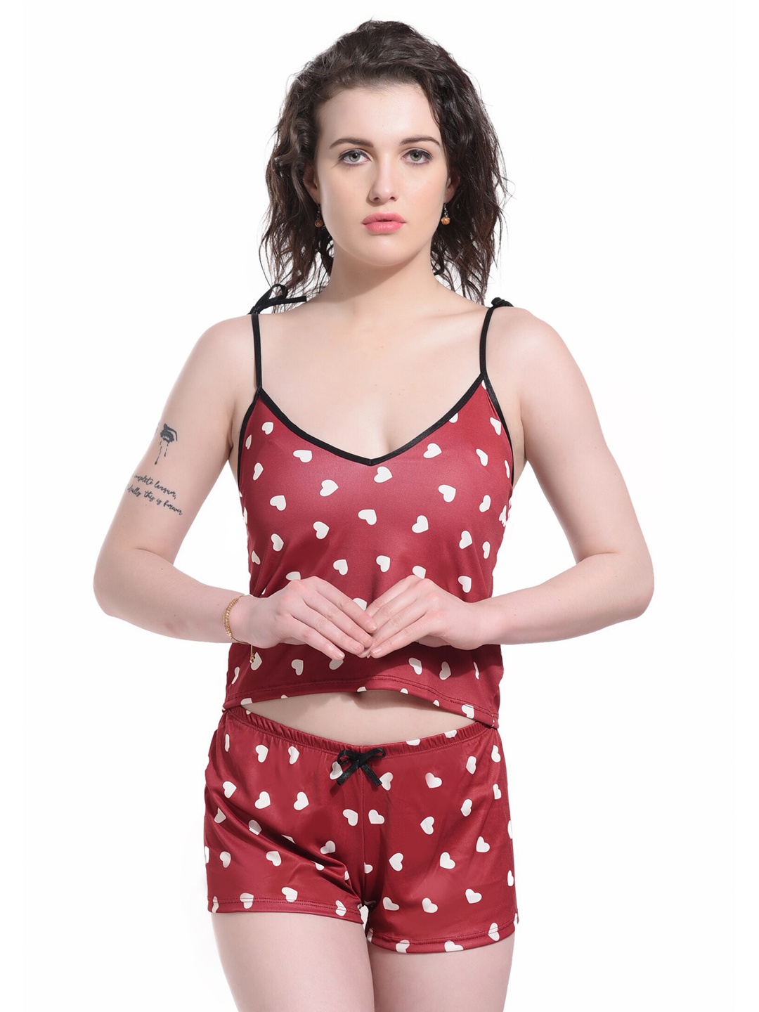 

SGC SWEDEN Geometric Printed Shoulder Straps Satin Baby Dolls, Maroon