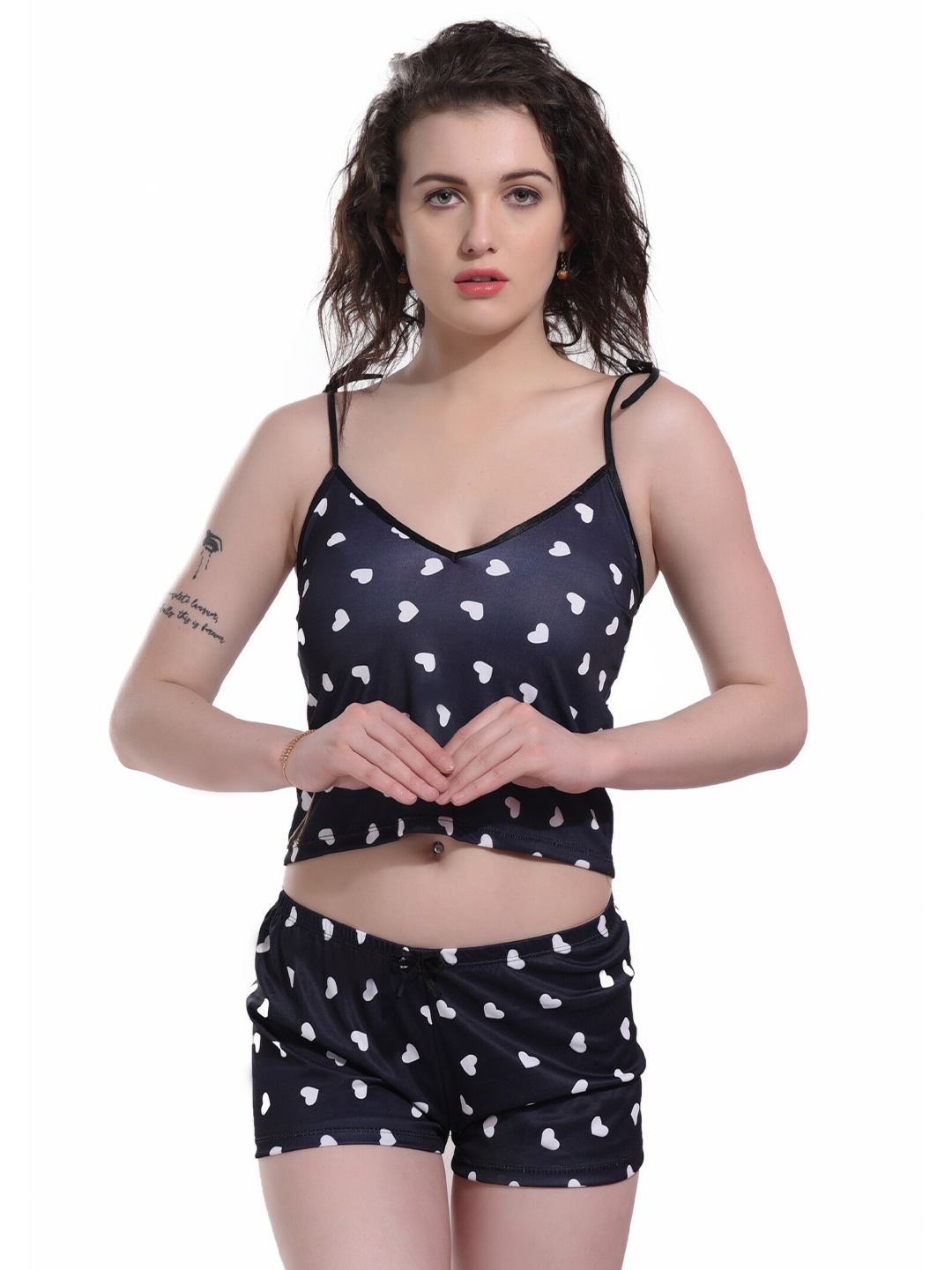 

SGC SWEDEN Geometric Printed Shoulder Straps Satin Baby Dolls, Black