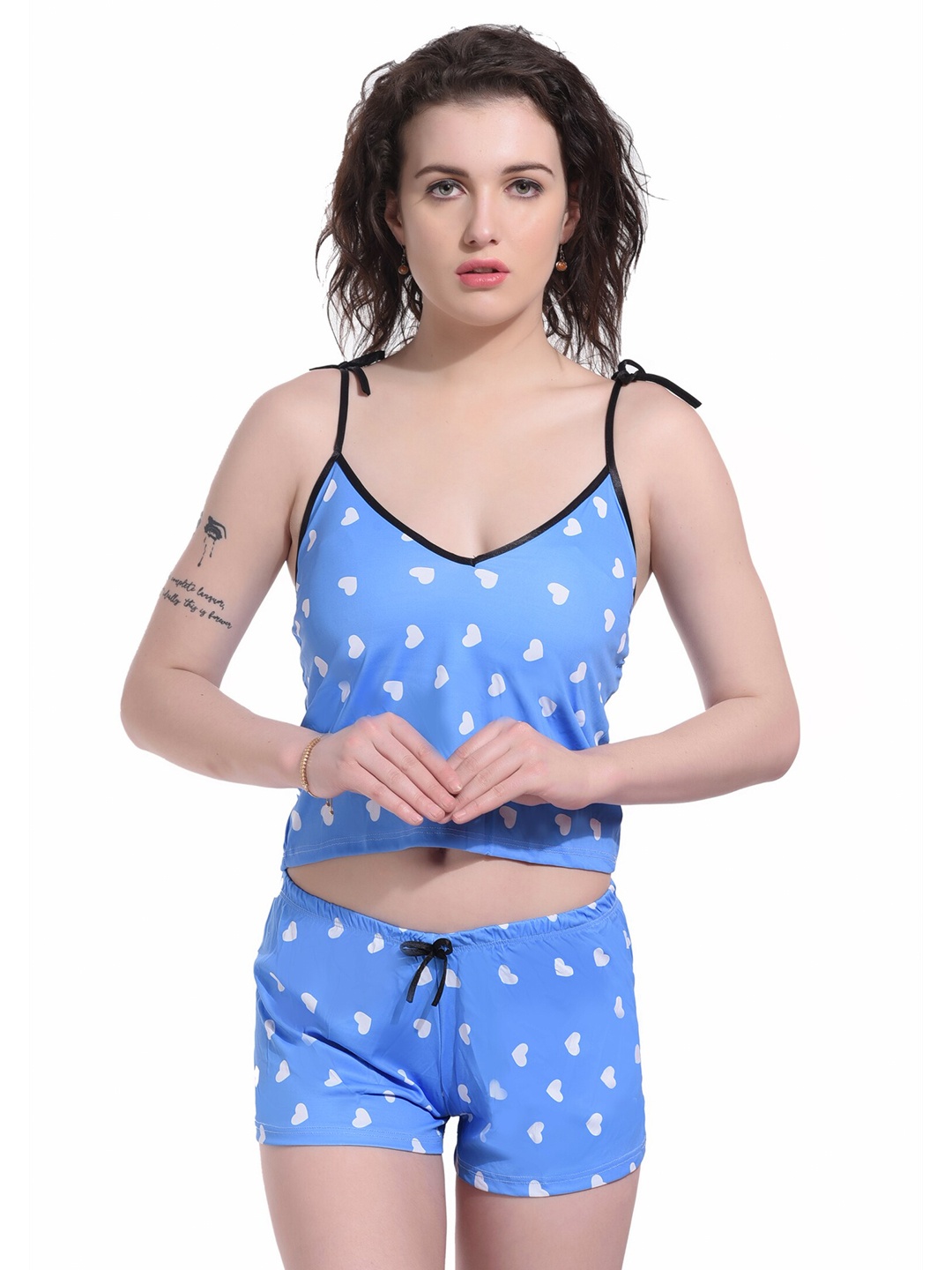 

SGC SWEDEN Printed Shoulder Straps Silk & Satin Baby Doll, Blue
