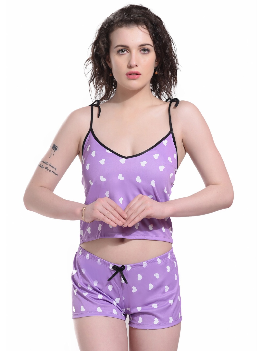 

SGC SWEDEN Polka Dots Printed Satin Baby Dolls, Purple
