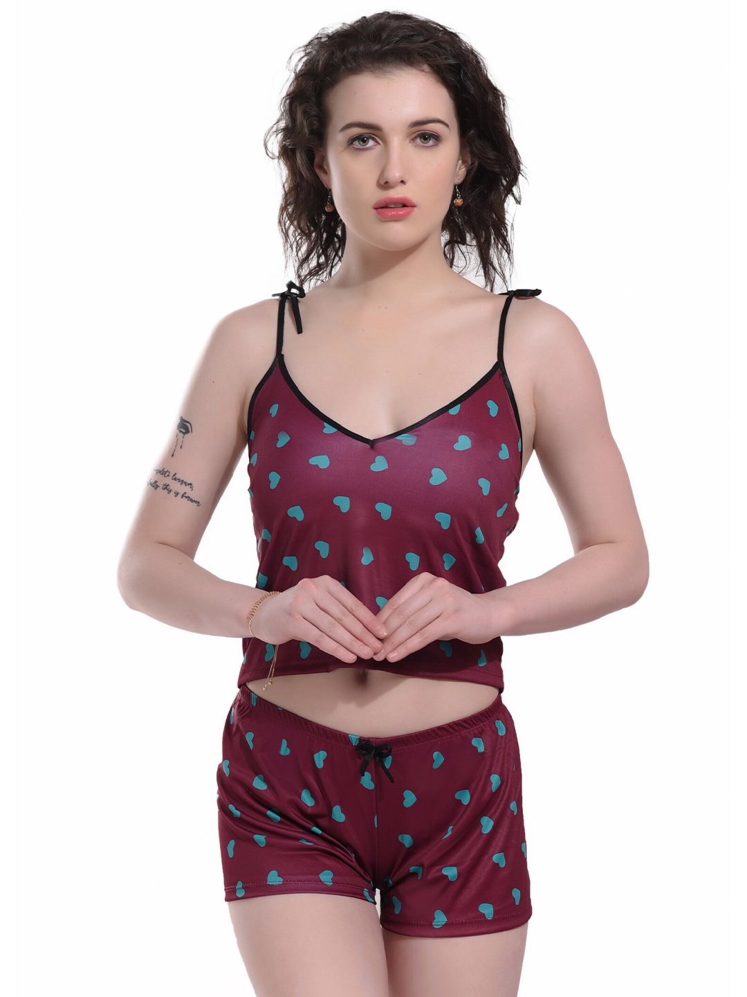 

SGC SWEDEN Printed Shoulder Straps Silk & Satin Baby Doll, Brown
